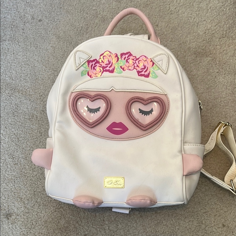 Betsey Johnson Pink and White Mini Backpack with Kawaii Design